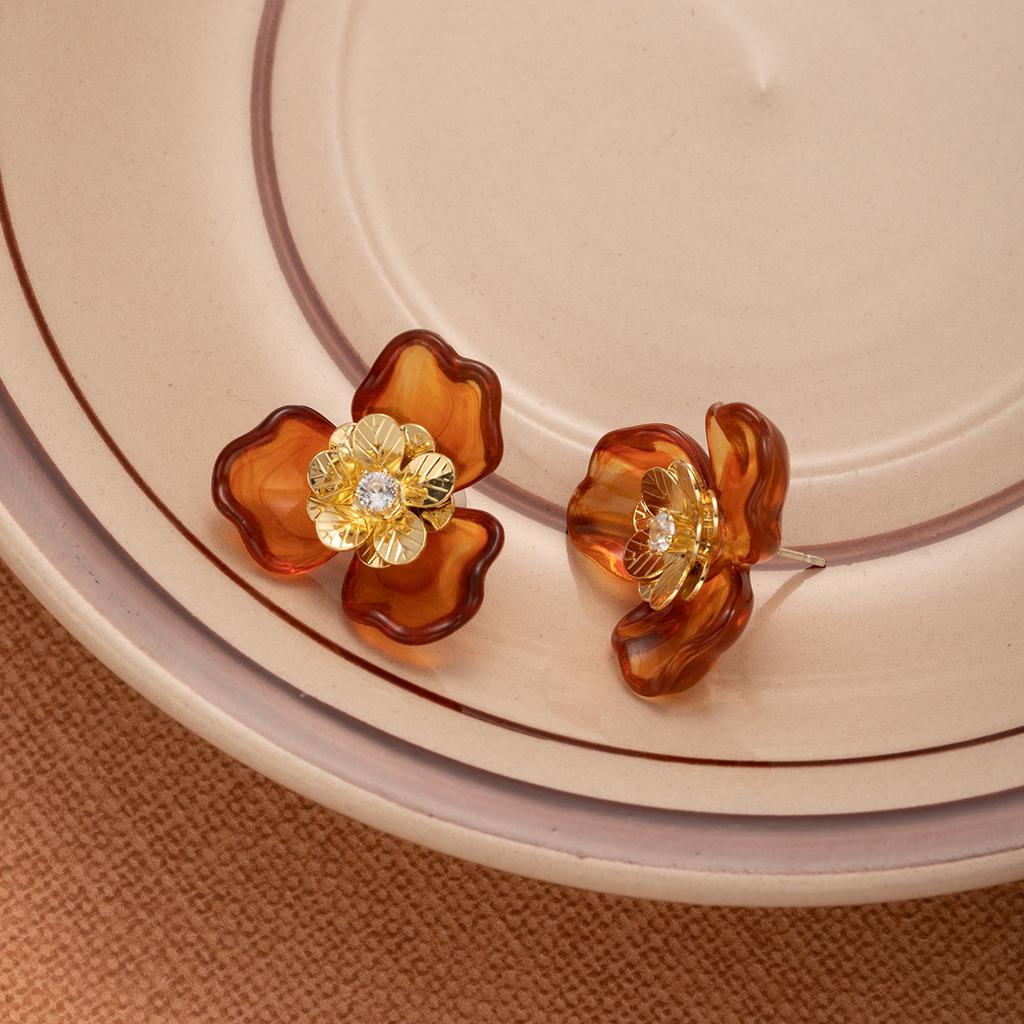 Autumn Rose Amber Flower Resin Earrings, Retro Maillard Style High-End Temperament Earrings Women