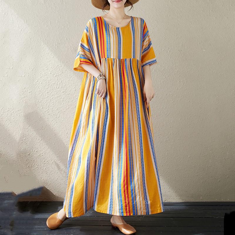 Short Sleeve Plus Size Cotton Vintage Floral New In Dresses for Women Casual Loose Long Summer Dress