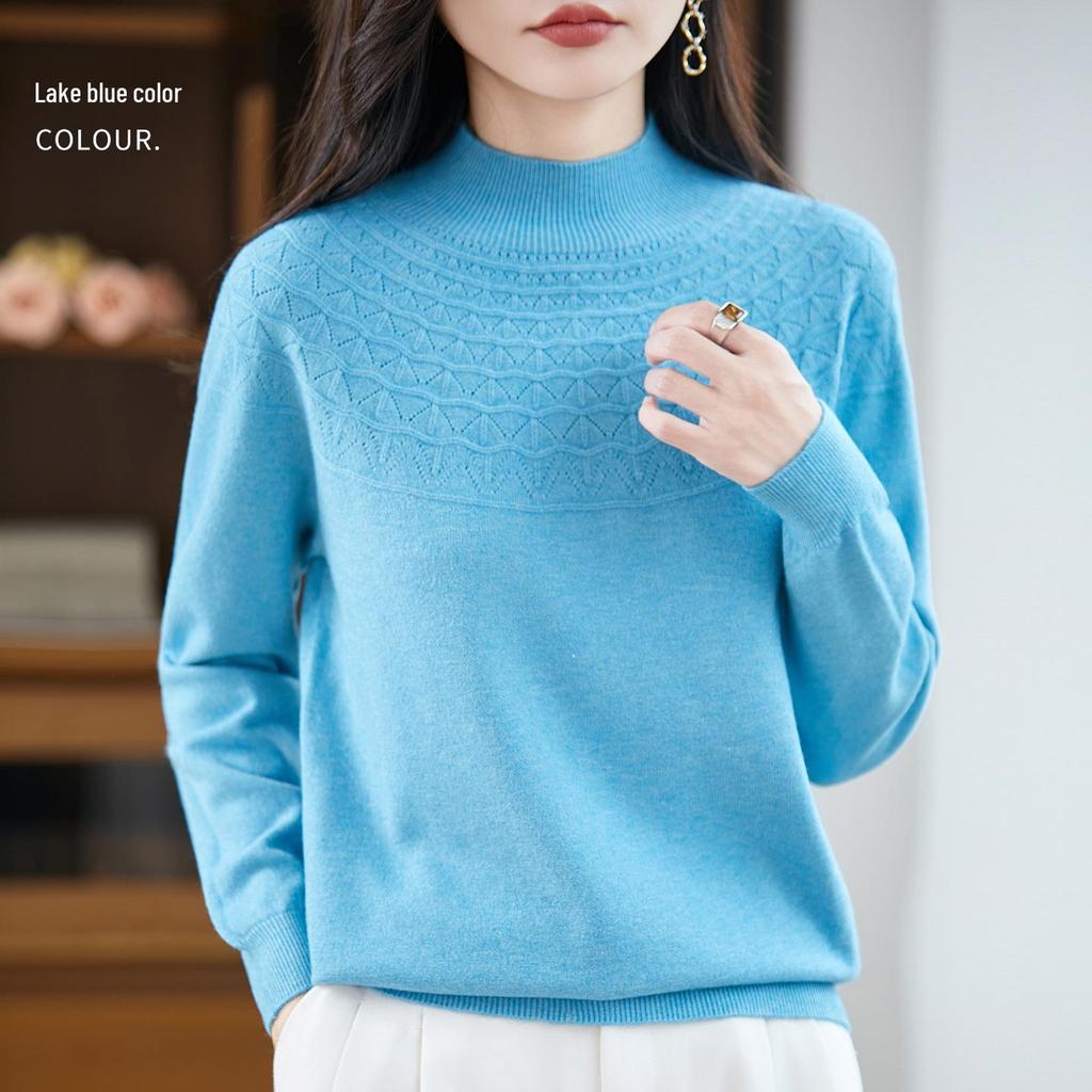 Women's Seamless Half-Openwork Knit Sweater - 2025 Autumn/Winter Collection, One-Piece Base Layer with Half-High Collar