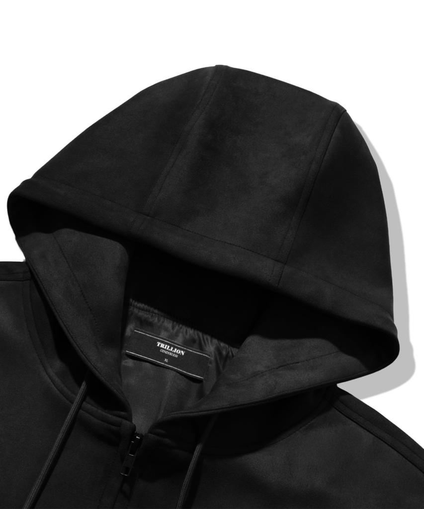 Trillion Leather Patch Suede Work Zip-Up Hoodie_Black