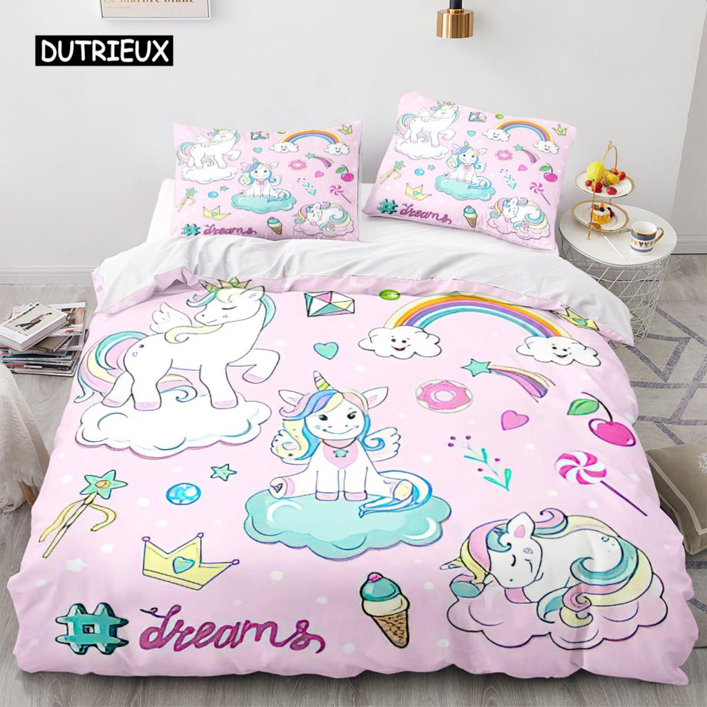 Unicorn Duvet Cover King Queen Cute White Cartoon Animal Bedding Set Children Boys Girl Western Fairy Tale Polyester Quilt Cover