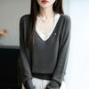 Women S V Neck Long Sleeve Knitted Fake Two Piece Sweater
