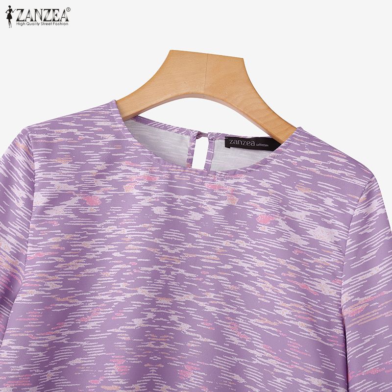 ZANZEA Women Casual Round Neck Flare 3/4 Sleeve Loose Print Blouse