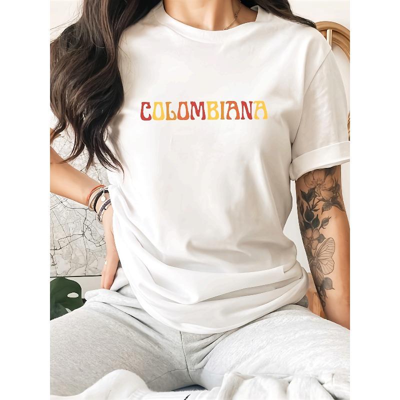 Women's "COLOMBIANA" Letter Print T-Shirt, Casual Round Neck Short Sleeve Top, Spring Summer Sports Tee, Comfortable Fabric, Relaxed Fit