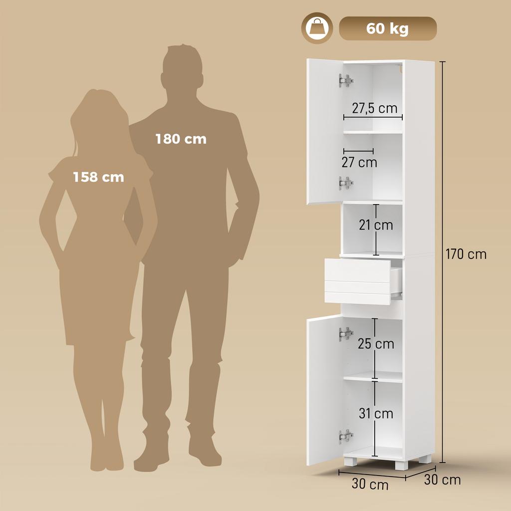Bathroom Cabinet, 2 Doors, Drawer, Open Shelf, Adjustable Shelves, 30 x 30 x 170 cm, White