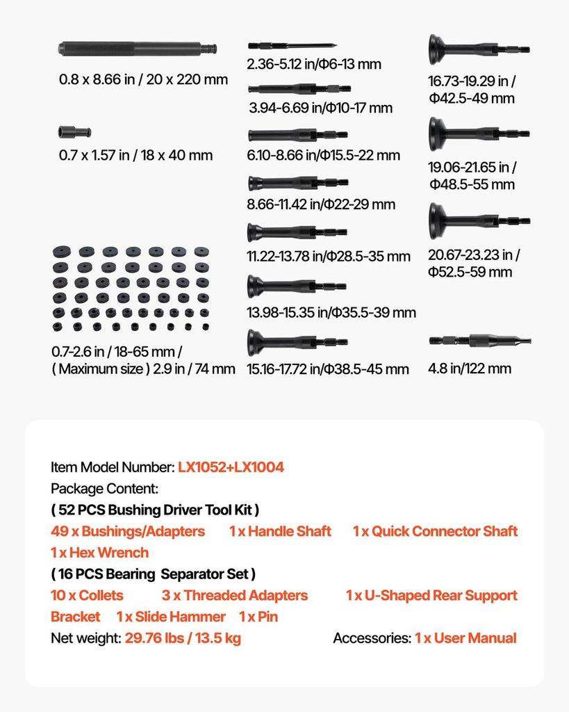 Bearing Press Kit, 52+16 Pcs, 2 in 1 Bushing Driver Tool & Bearing Press Kit, Race and Seal Driver Set with 49 Bushings, 10 Collets, Slide Hammer,