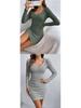 2026 European & American Slim-Fit Ribbed V-Neck Long-Sleeved Hip-Hugging Dress for Spring & Autumn