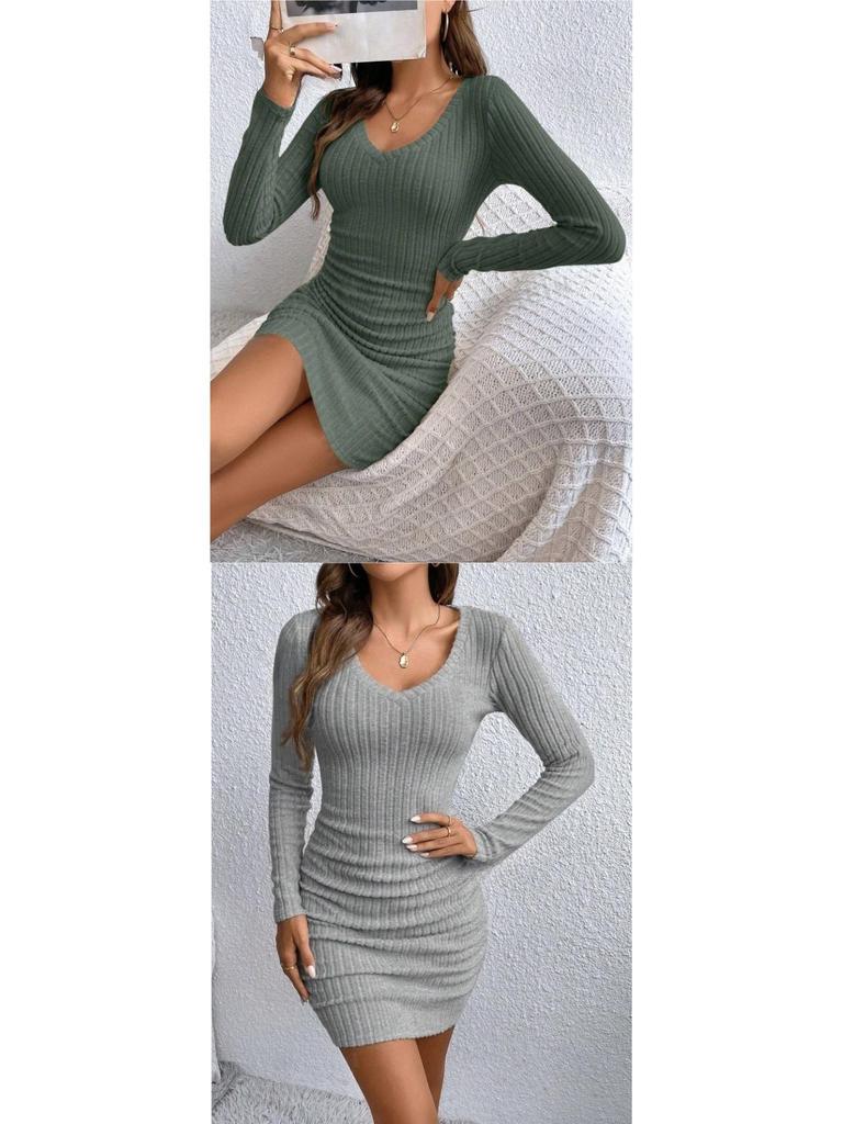 2026 European & American Slim-Fit Ribbed V-Neck Long-Sleeved Hip-Hugging Dress for Spring & Autumn
