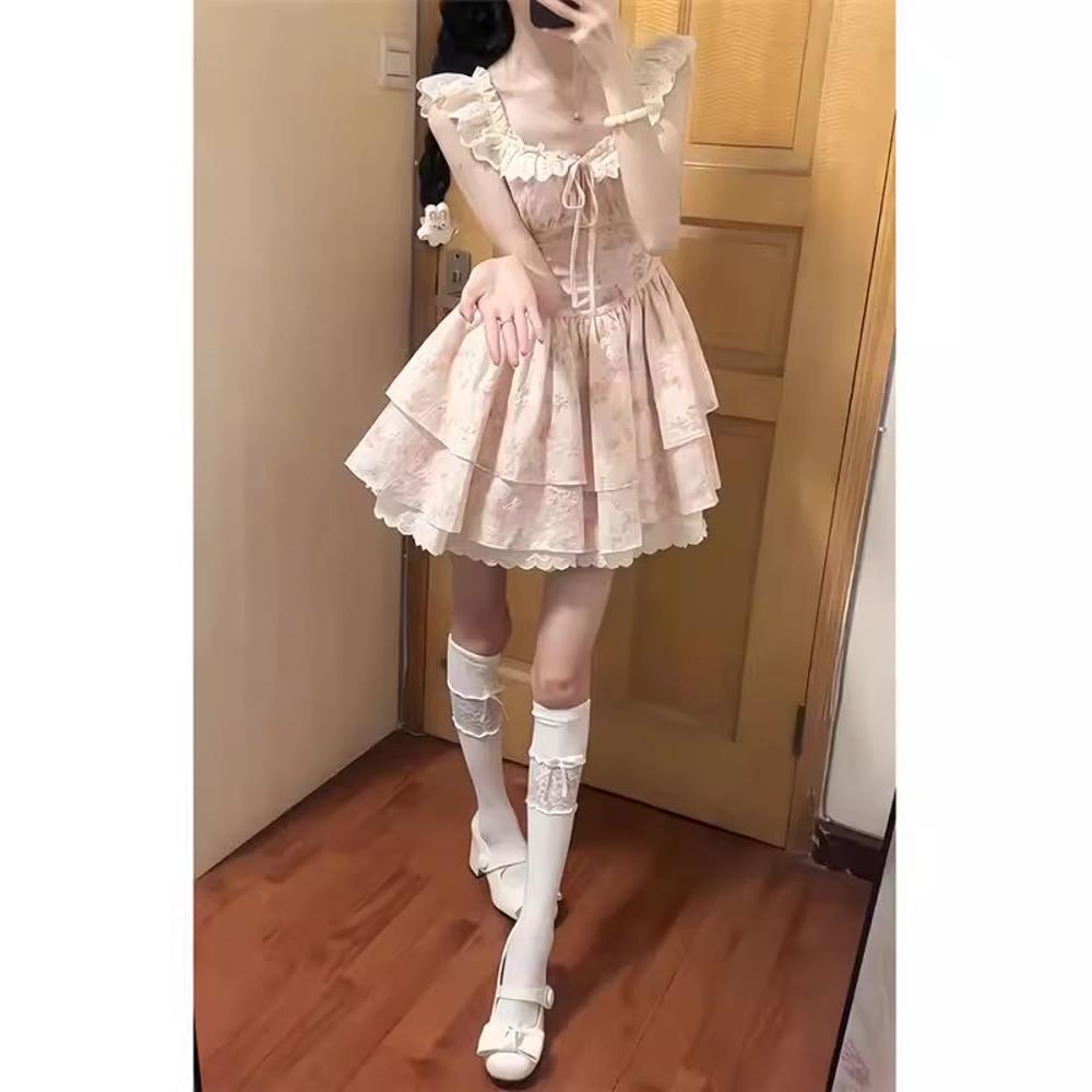Gentle Small Flying Sleeves Floral Dress Women's Summer Sweet Princess Cake Dress Waist Thin Tutu Skirt Short Skirt