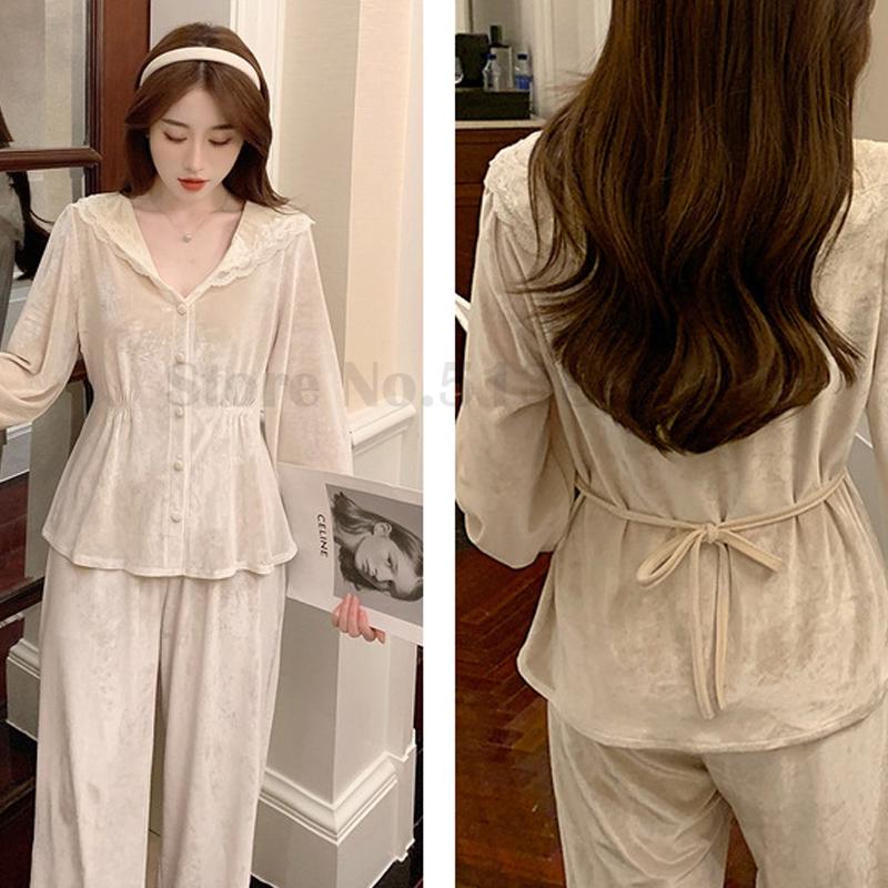 Spetskantade Långärmade 2-delade Pyjamas Höst Vinter Byxdräkter Sovkläder Sammet Varma Nattkläder Intim Underkläder Pijamas