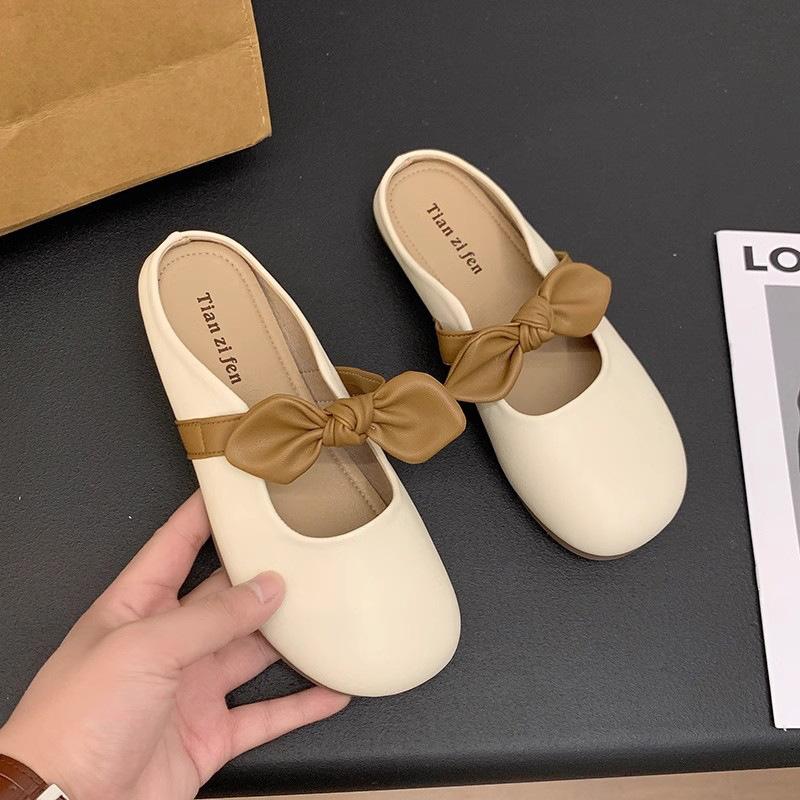 Flat-bottomed Bag Head Half Slippers Women's Outer Wear 2025 New Summer Bow Lazy Half Tray Gentle Evening Cool Slippers