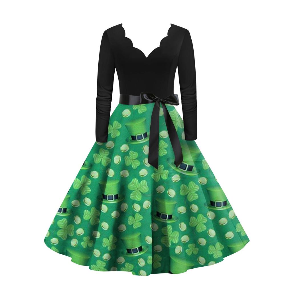 Dámské klasické klasické šaty s dlouhým rukávem sv. Patrick's Day Print Swing Dress s výstřihem do V