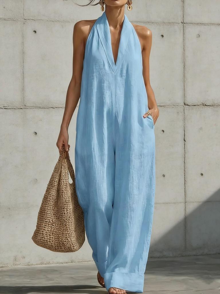Women Simple Elegant Sleeveless Straight Casual Cotton Linen Jumpsuit