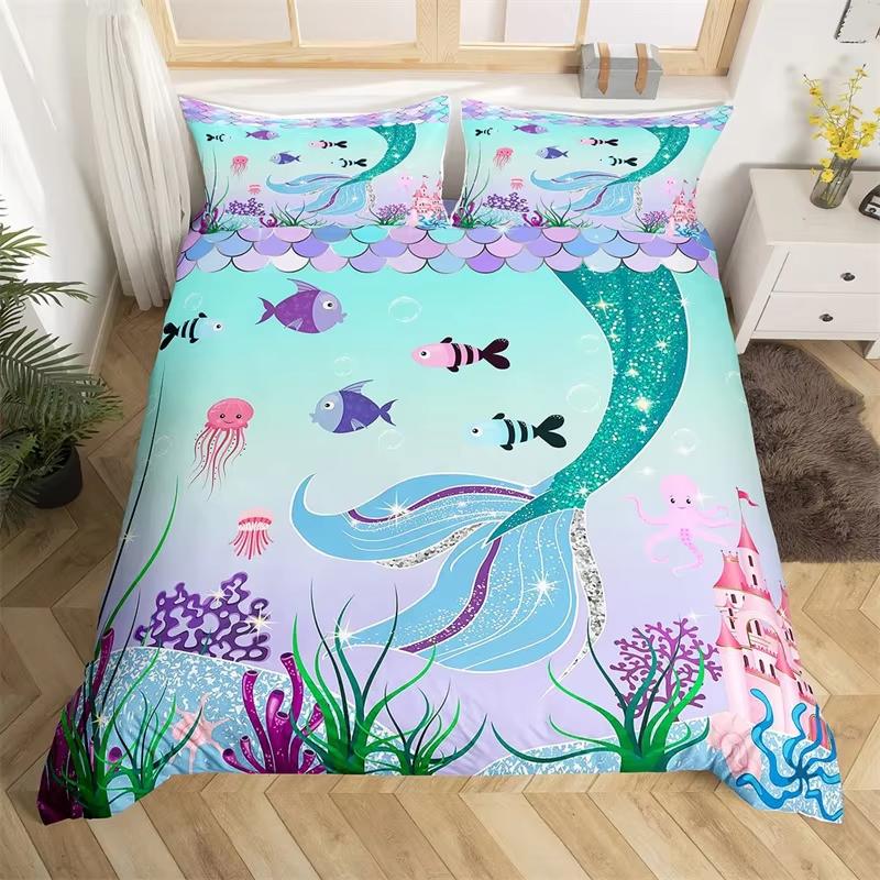 Copripiumino con Scaglie di Pesce Copripiumino a Coda di Sirena Matrimoniale Microfibra Ragazza Guscio Stella Marina Set Biancheria da Letto Per Bambino Adolescente Stanza Kawaii Decorazione