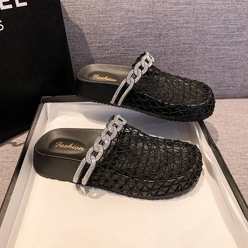Fashion Summer Women's Slippers Flat Breathable Round Toe Rhinestones Women's Mules Mesh Fashion Outdoor Beach Shoes Zapatillas De Mujer