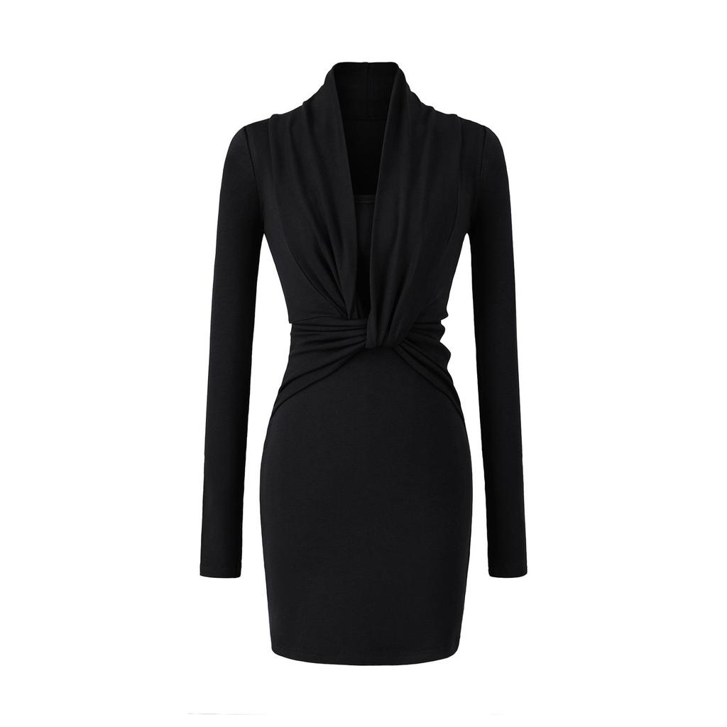 Elegant Women's Black V-Neck Long-Sleeved Slim-Fit Dress, Waist-Cinching and Hip-Hugging, Perfect for Autumn and Winter.