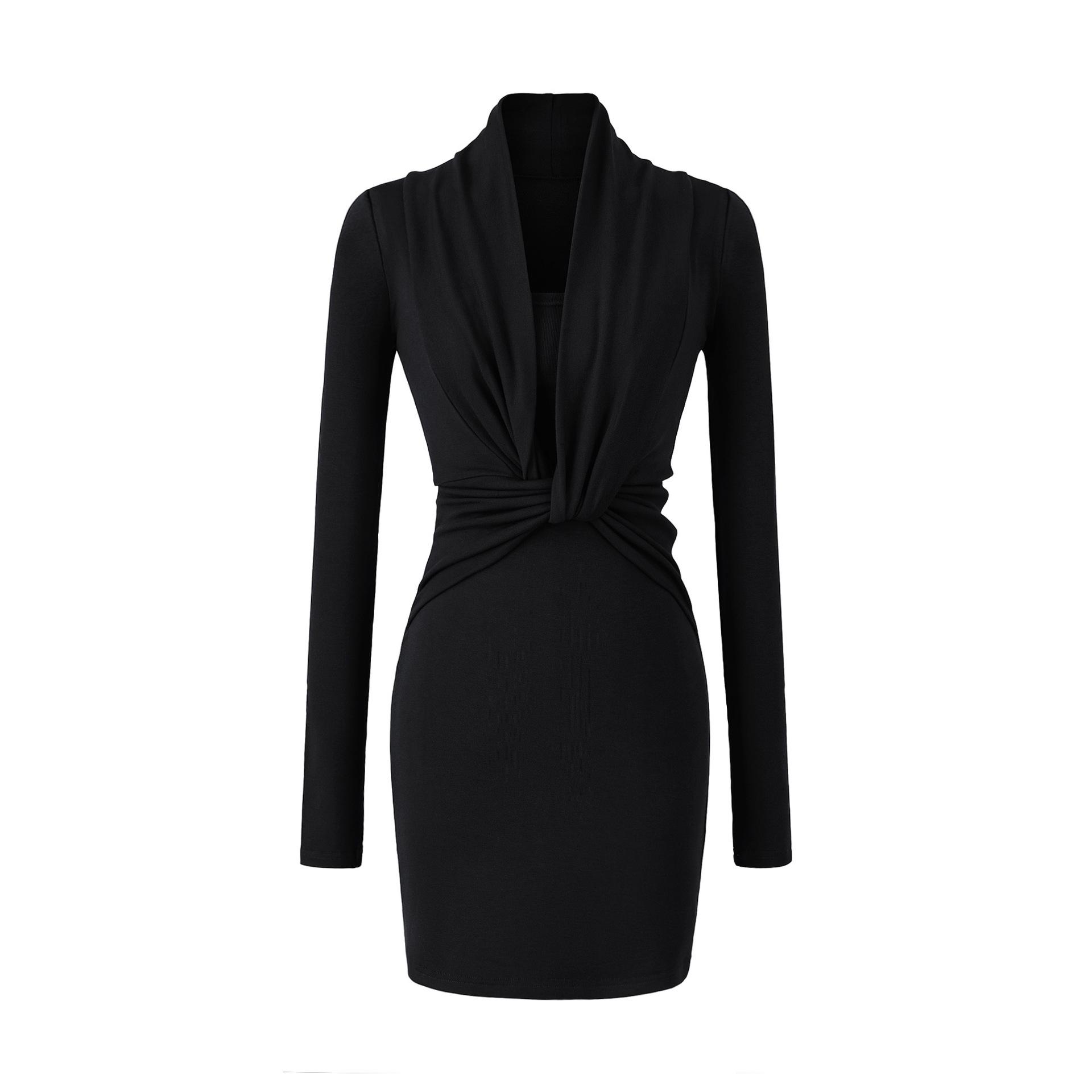 Spicy Girl Sexy Mature Deep V-Neck Long Sleeve A-Line Mini Dress for Spring/Summer 2026 Medium чёрный