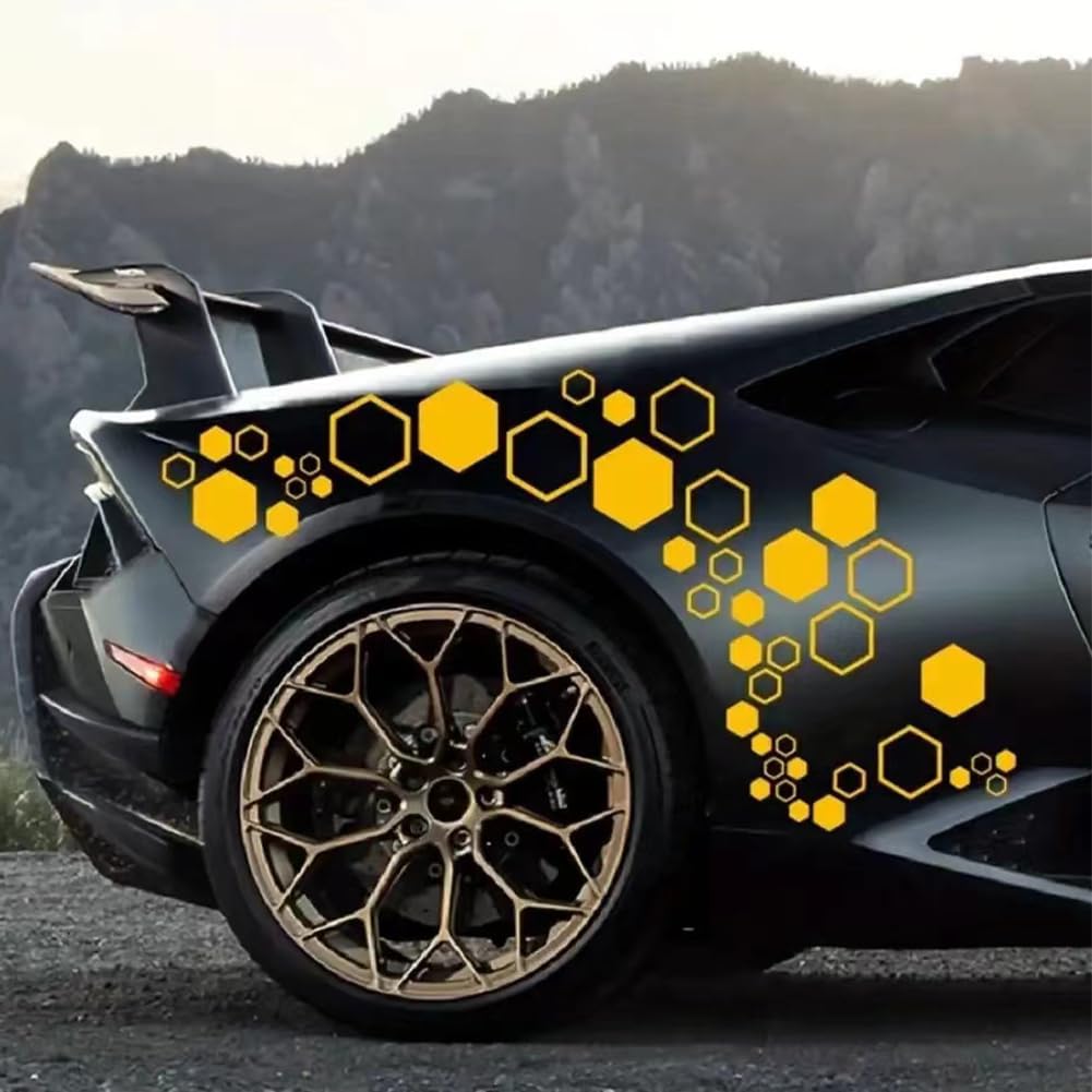 

52 PCS Honeycomb Decals Vinyl Hexagonal Graphics Sticker Car Body Side Exterior Decor Accessories Universal for Car, Truck, SUV, RV (Black) жовтий