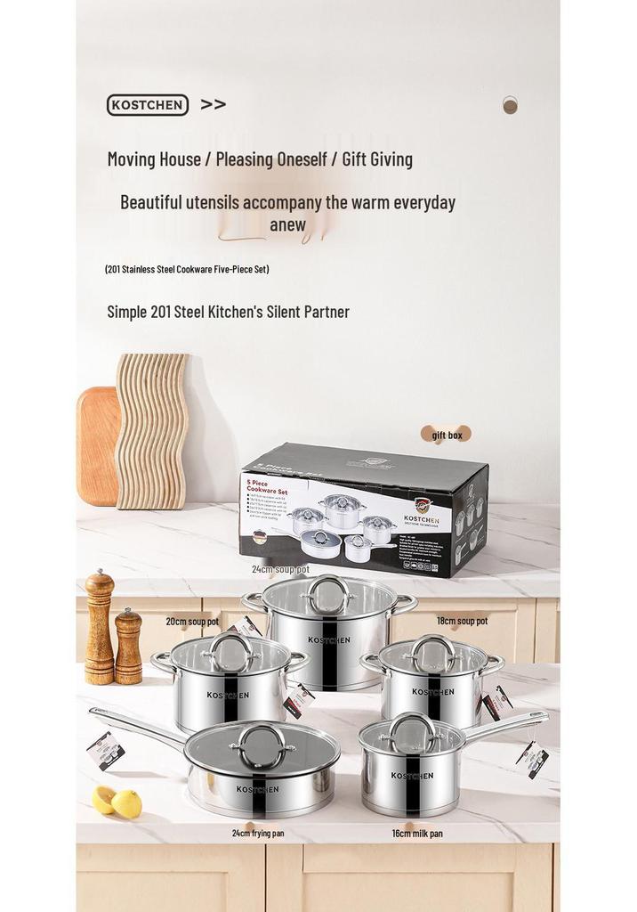 10-Piece Stainless Steel Cookware Set: Frying Pan, Milk Pot, and Double-Bottom Soup Pot.
