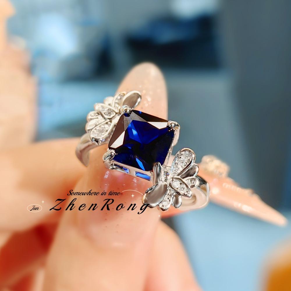 Elegant French Vintage Women Rings with High Carbon Diamond Red Corundum and Blue Spinel Simple Fashion Jewelry