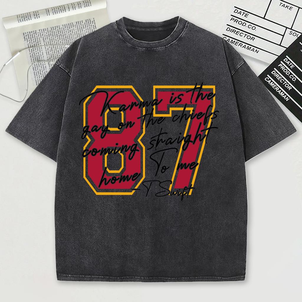The Red Number 87 Pattern Washed Male Tee Shirt Loose Soft T-Shirt Comfortable Cotton Short Sleeve Unisex Crewneck Streetwear