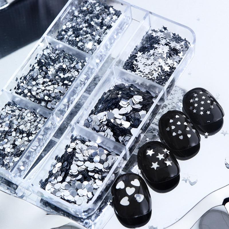 

6 сеток смешанный серебряный глиттер любовь звезда нейл-шарм 3D украшение для ногтей нейл-ювелирные изделия нейл-арт для маникюра салонные принадлежности one size