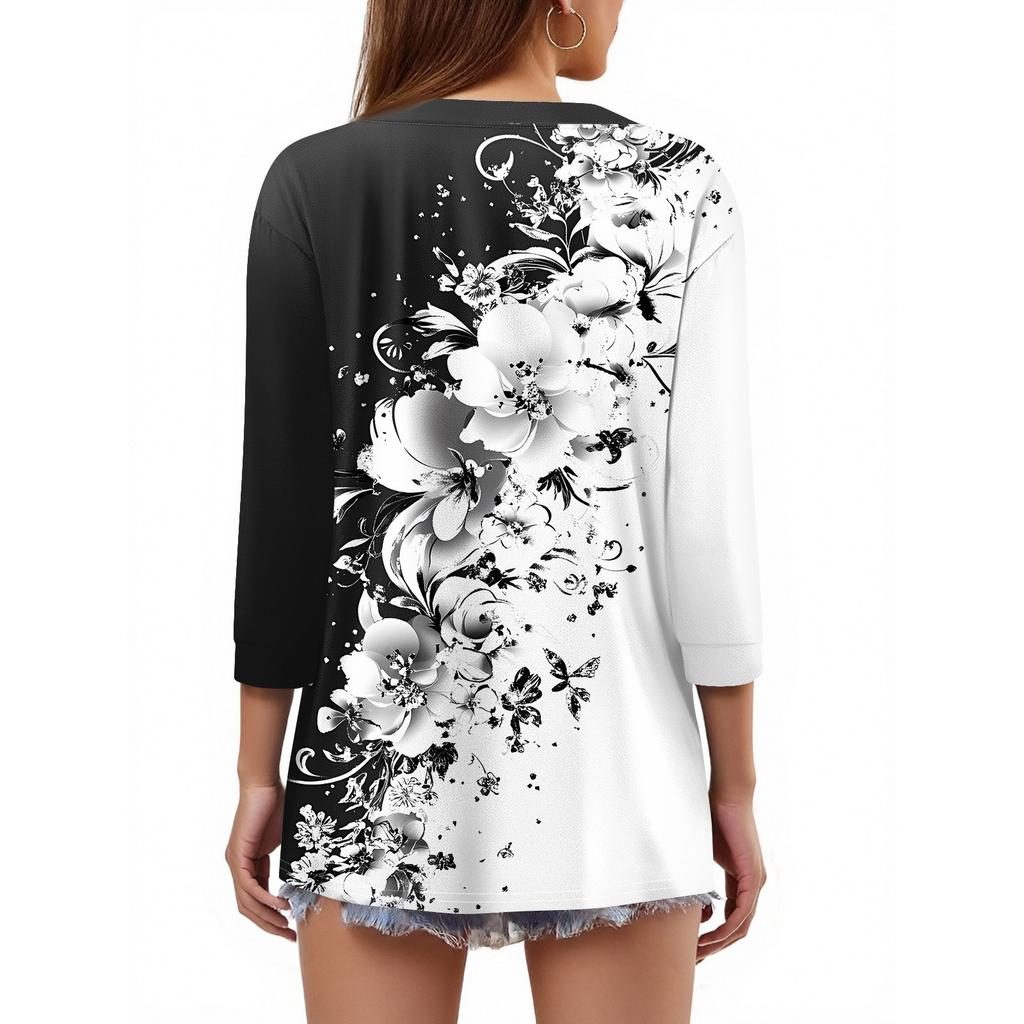 Women's T Shirt Print Button 3/4 Sleeve Daily Weekend Fashion Basic V- Neck Regular Top
