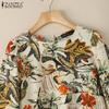 ZANZEA Women Casual Round Neck 3/4 Sleeve Loose Floral Cotton Blouse