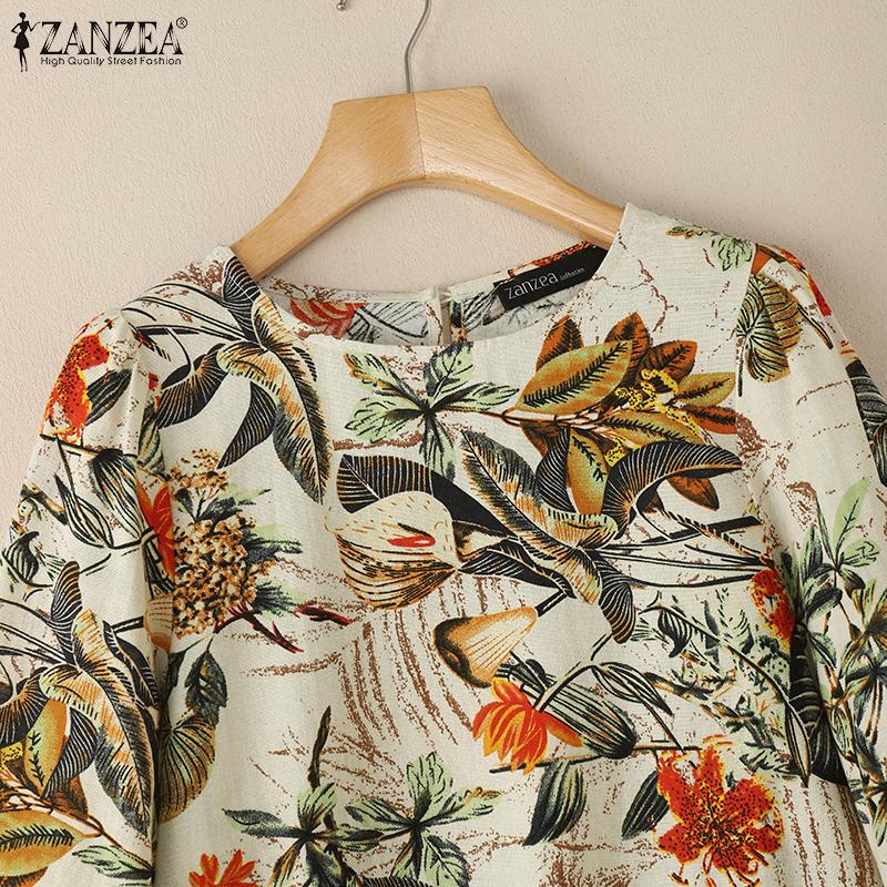 ZANZEA Women Casual Round Neck 3/4 Sleeve Loose Floral Cotton Blouse