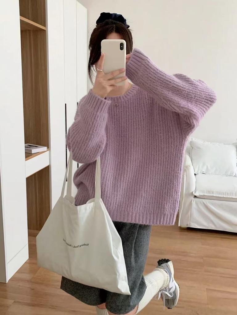 Thickened handmade stick needle alpaca wool lazy loose beige round neck pullover sweater women's autumn and winter new sweater