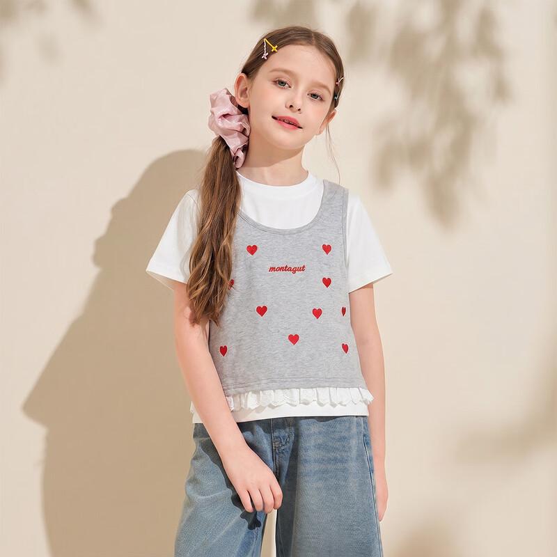 Mengtejiao Girls' Heart Embroidered Short Sleeve T-Shirt