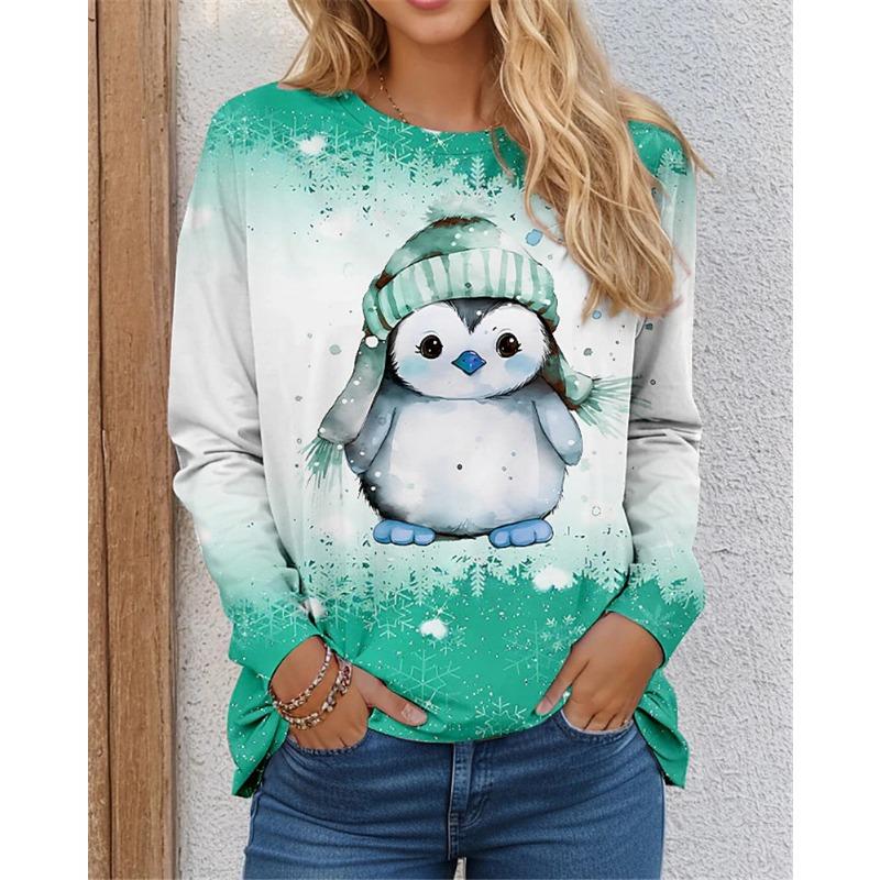 Penguin pattern women's T-shirt long sleeved 3D printed Christmas style