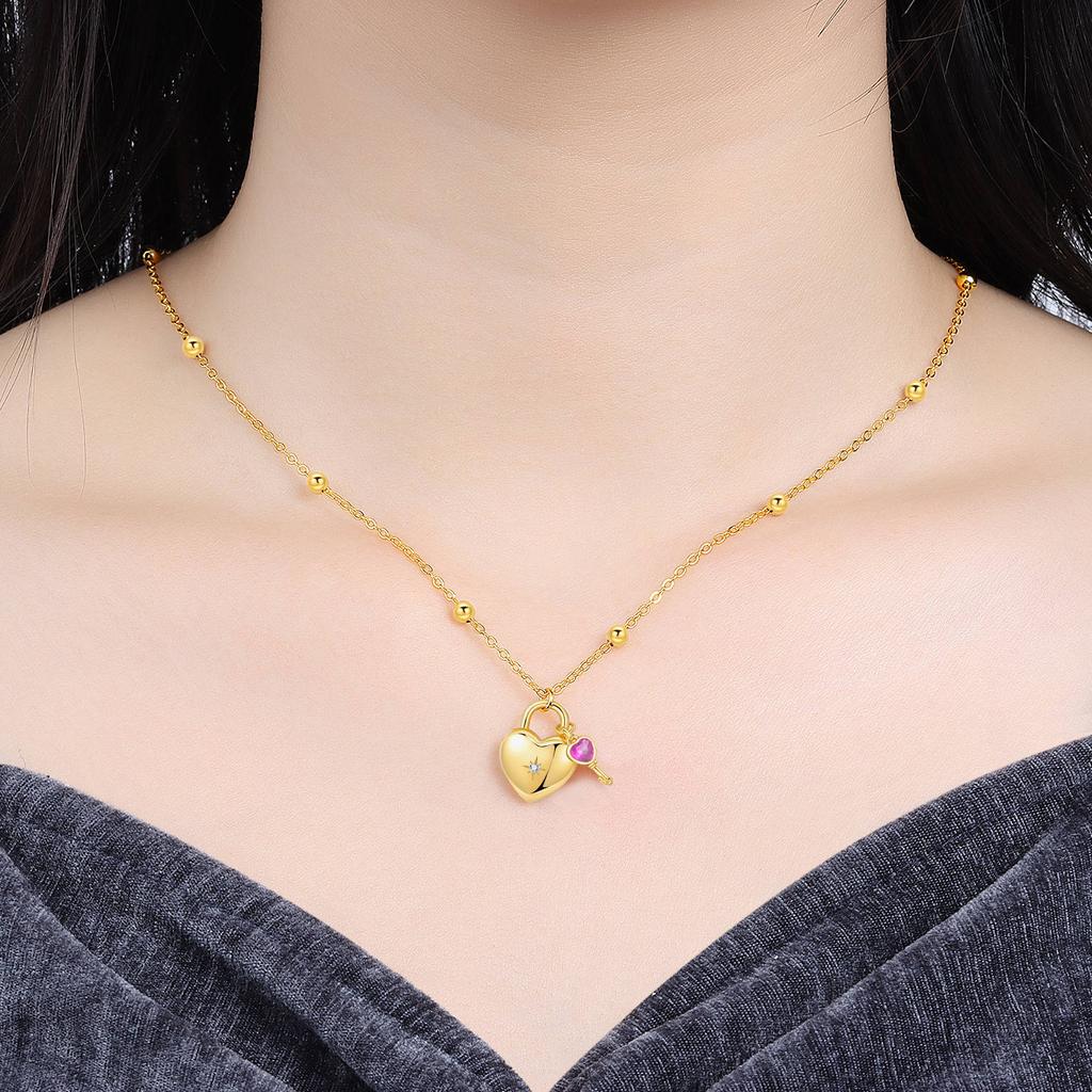 Original Sterling Silver Gold Heart Lock and Key Necklace Y-shaped Chain Necklace for Women Memorial Prayer Jewelry Gift