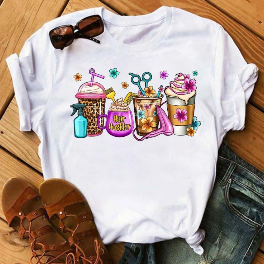 Cartoon Coffee Women TShirt Water Bottle with Juice Loose Tee Red Cherries Graphic Daily Streetwear Fashion Soft Top T Shirt