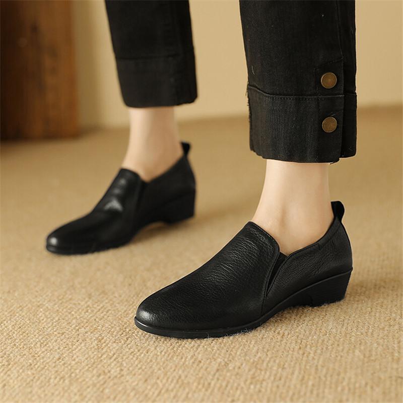 Fashion NEW Spring Autumn Genuine Leather Women Shoes Fashion Loafers Round Toe Wedges Shoes for Women Low Heels Women Pumps Black