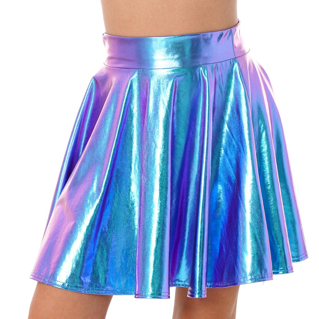 Womens Shiny Metallic Ruffle Glossy Mini Skirts Punk Party Clubwear Streetwear High Waist Flare Skirt Rave Cocktail Costume