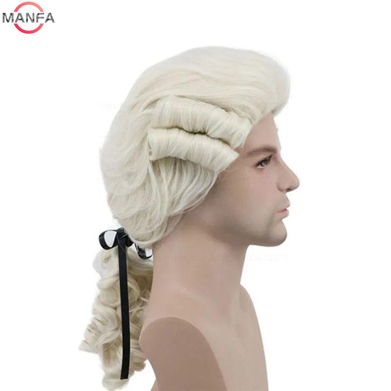 Advocaat Rechter Barok Cosplay Pruik Krullend Grijs Wit Zwart Deluxe Historisch Lang Hittebestendig Synthetisch Haar Pruiken + Pruikkap beige