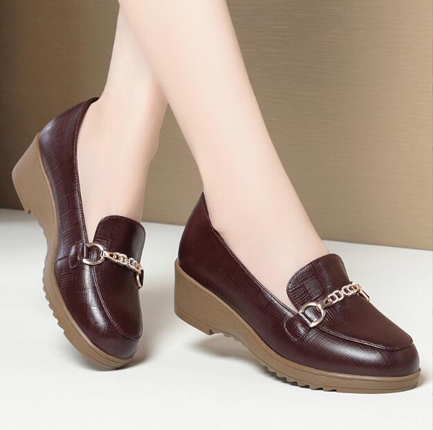 Brand Genuine Leather Women Shoes Round Toe Casual Comfortable Women's Wedge Shoes Spring Autumn Fashion Mother Shoes