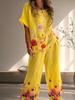 2026 Ethnic Print Cotton Linen Short Sleeve Women's Retro Suit
