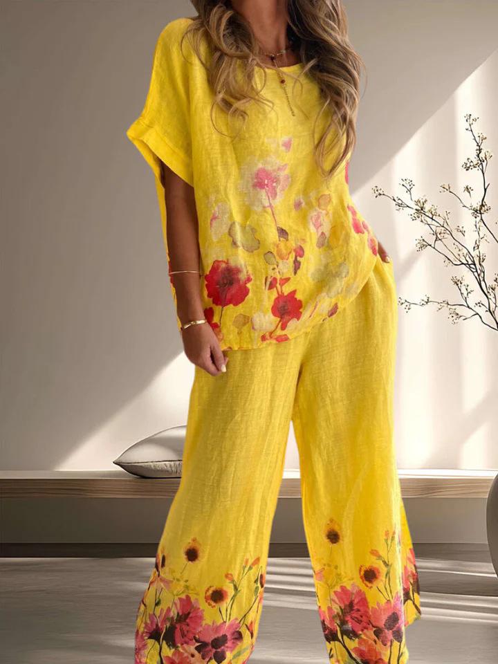 2026 Ethnic Print Cotton Linen Short Sleeve Women's Retro Suit