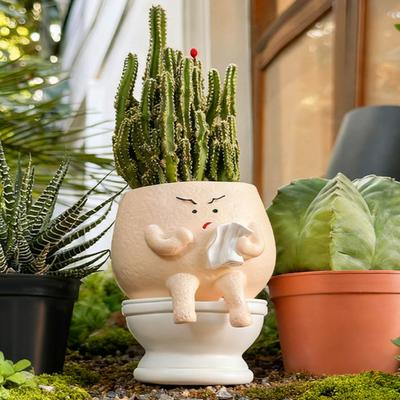Funny Face Toilet Planter Decorative Resin Head Plant Pot Cute Face Planter with Drainage Hole for Succulents Small Houseplants Outdoor Use