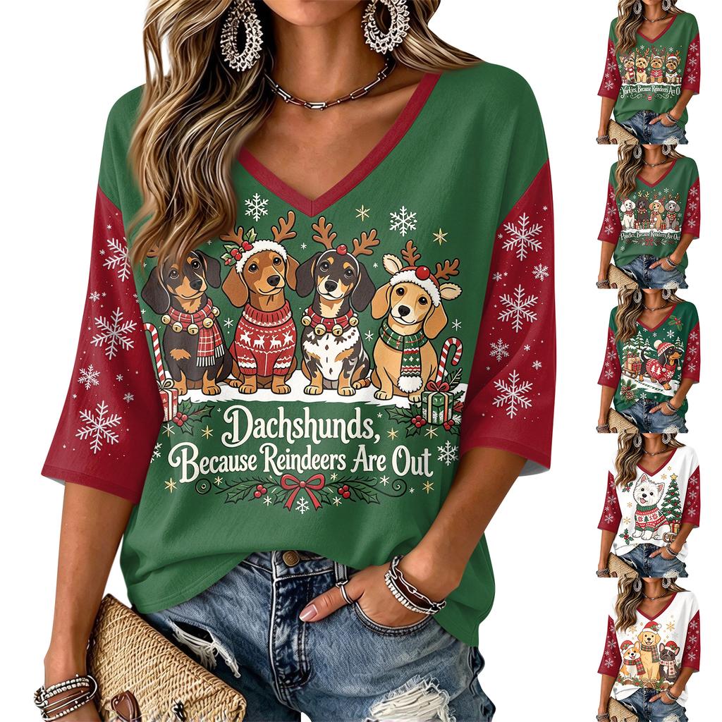 Women's Fashion Casual Christmas Animal Print V-Neck Pullover Top for Holiday Party Wear