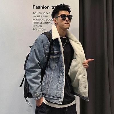 Imitation Lamb Fleece Denim Cotton Coat Men's Winter Trendy Brand Handsome Thickened Warm Workwear Handsome Cotton Coat Coat Handsome Fleece Coat