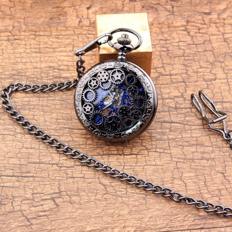 Vintage Steampunk Gears Hollow Bronze Mechanical Pocket Watch Fob Chain Hand Wind Skeleton Necklace Clock Men Womens Gifts