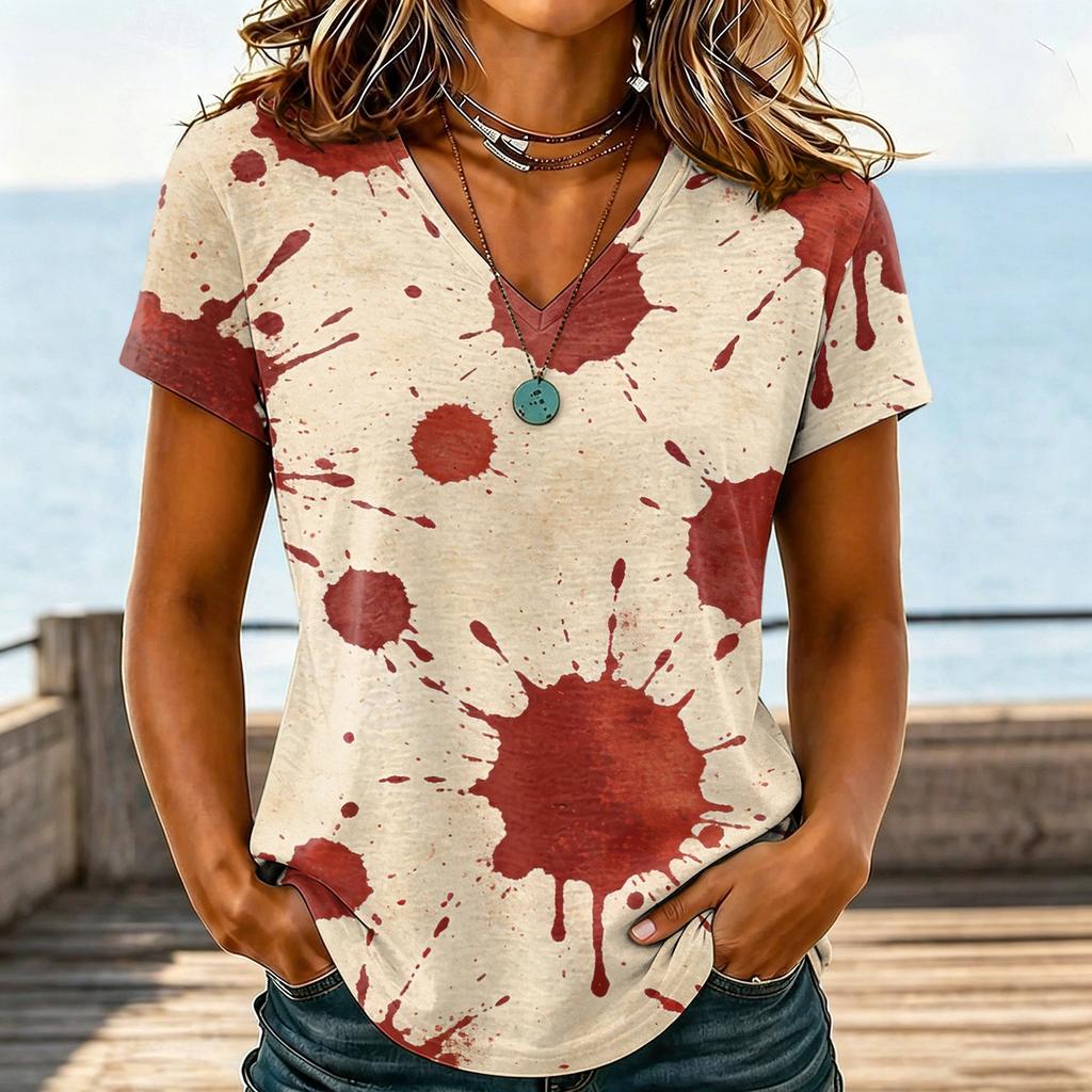 Damen Casual V-Ausschnitt Halloween Aufdruck T-Shirt für Party Kostüm