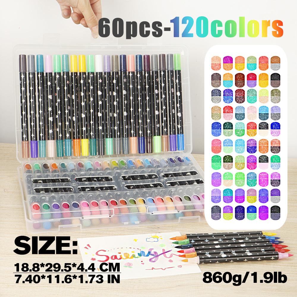Double Head Double Color Glitter Marker Pen 120 Colors From Soft Tip Watercolor Pen Permanent Ink Dry Drawing Pen OEM&ODM