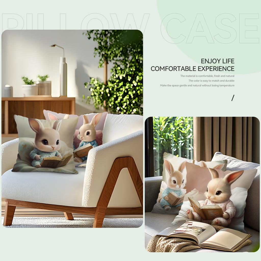 Cute Rabbit Reading Pillowcase Bedroom Sofa Cushion Cover 100% Polyester Living Room Cushion Pillowcase Home Comfortable Decor