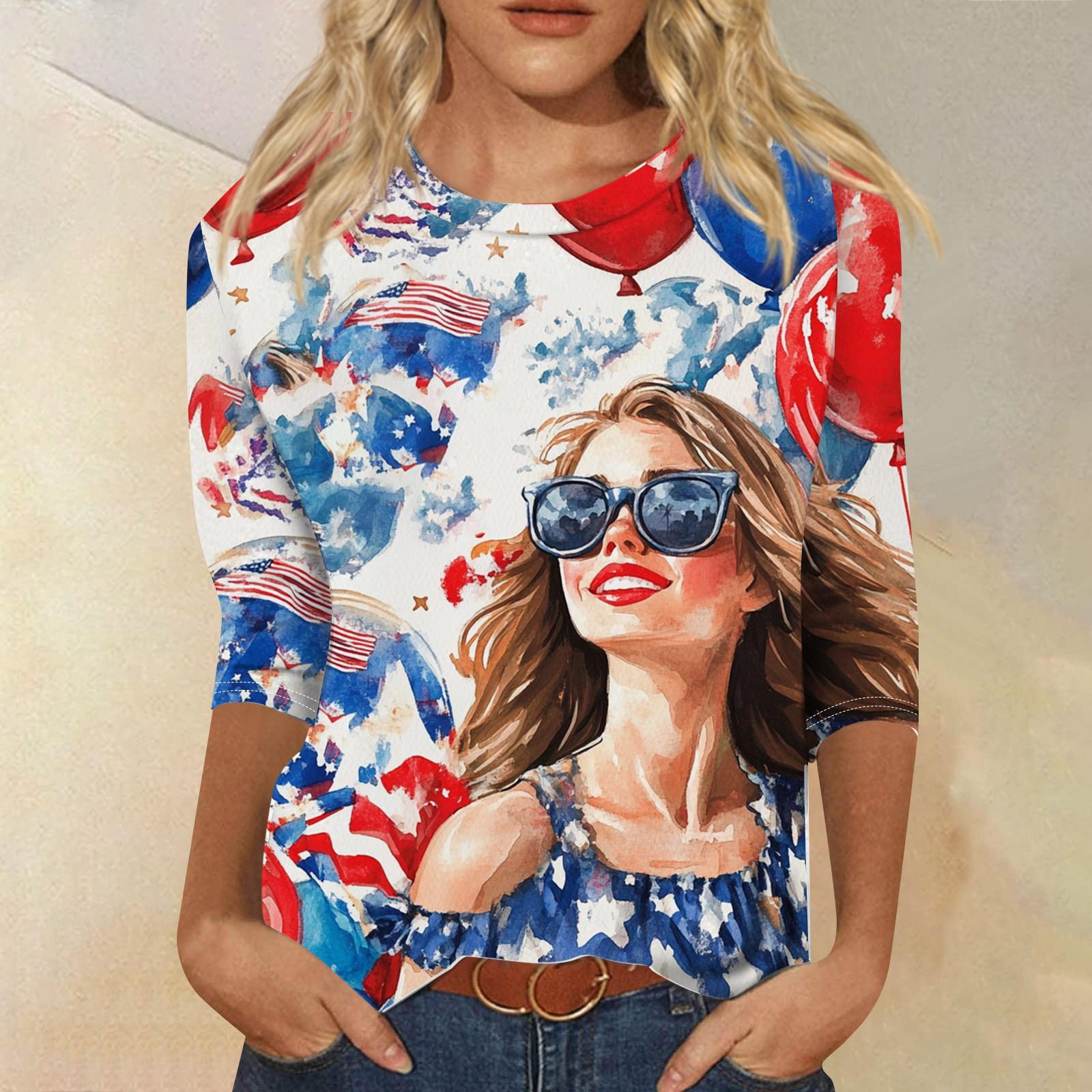 

Женская мода повседневная 3/4 рукав День независимости принт круглый вырез пуловер топ M красный