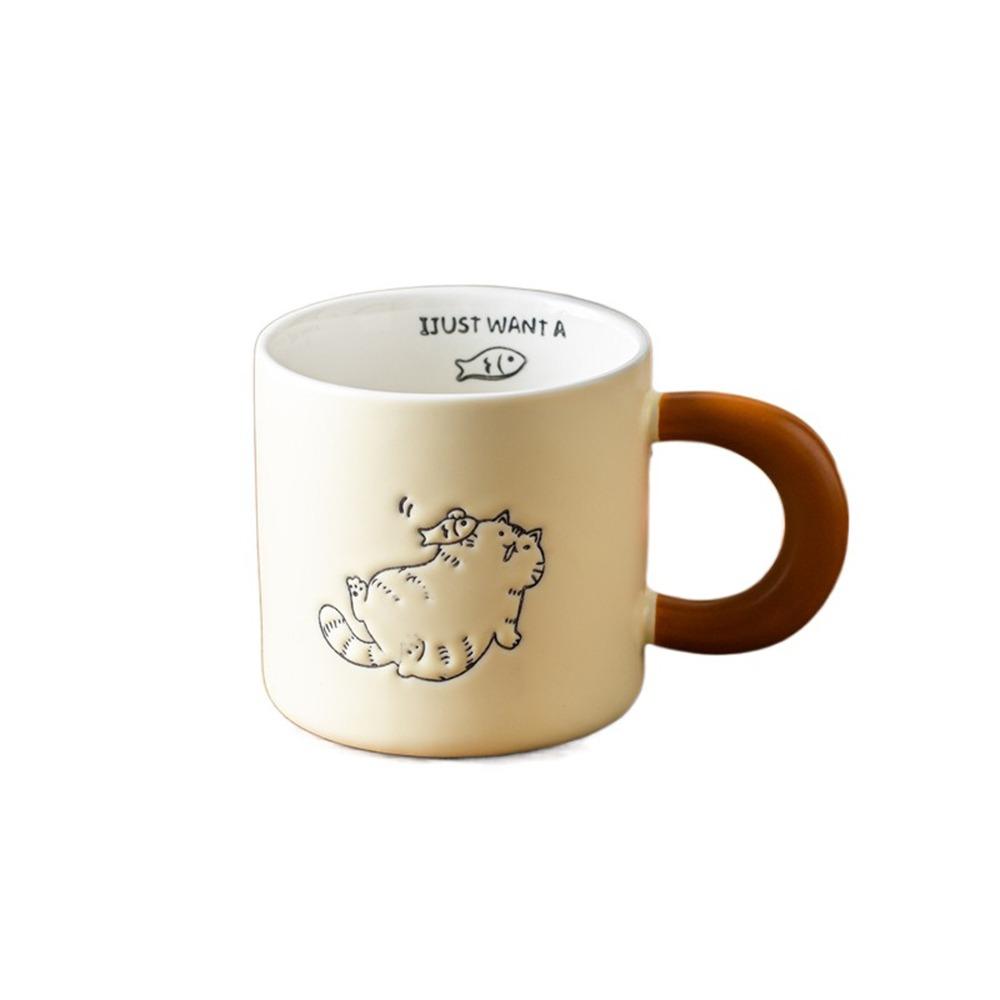 Hand Drawn Ceramic Coffee Cup with Spoon Water Cup with Lid Cartoon Cat Drinkware  Milk