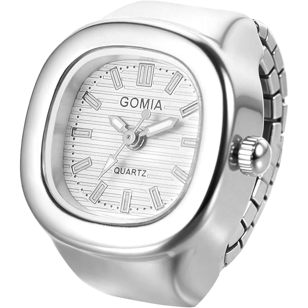 Unisex Square Ring Watch Waterproof Quartz Finger Watch with Elastic Band Silver